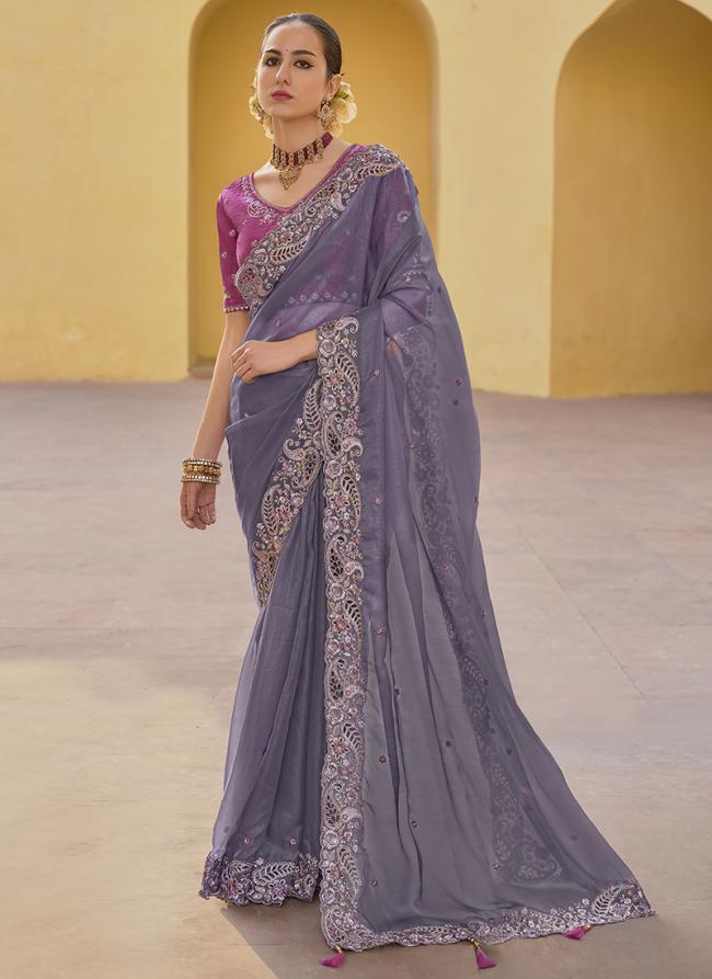 Organza Silk Grey Party Wear Sequins Work Saree